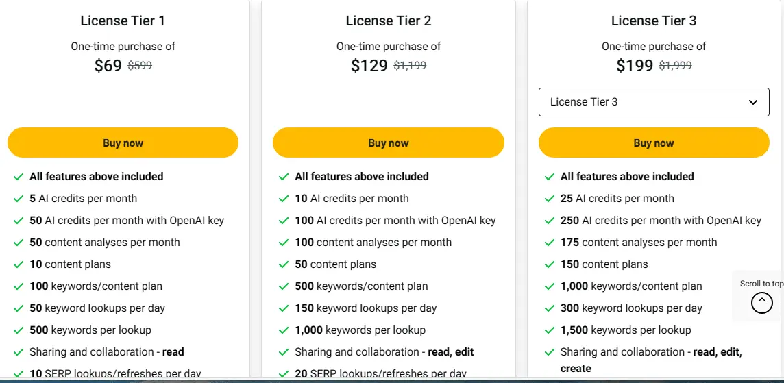 Detailed breakdown of KWHero lifetime deal pricing and plan tiers