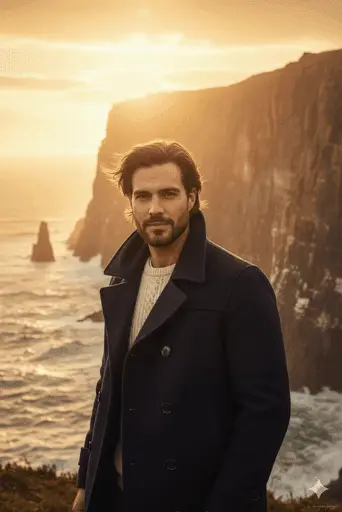 Dramatic portrait captured along a coastline during warm golden hour