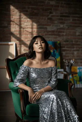 Dramatic studio portrait with moody lighting and deep shadows