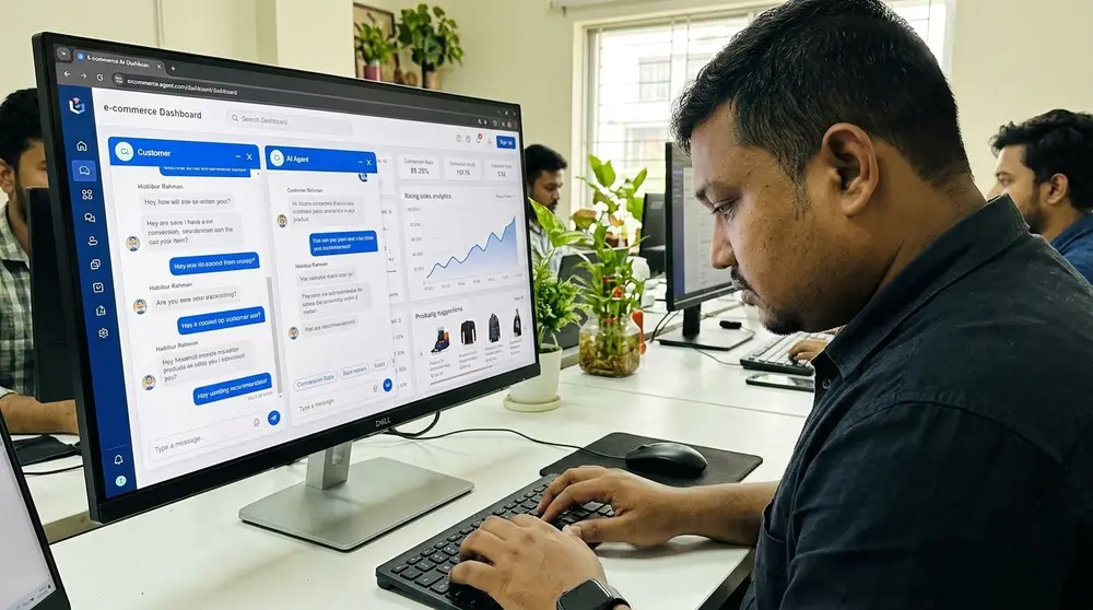 E-commerce analytics dashboard displaying live AI agent chat interactions and sales conversion statistics.