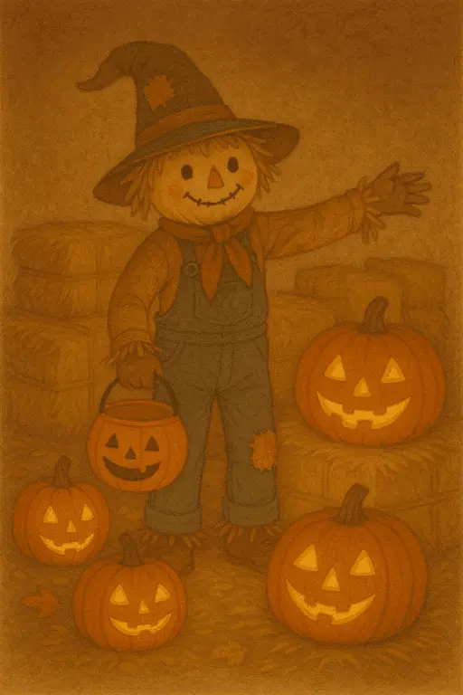 Eerie scarecrow with a creepy smile standing in a field