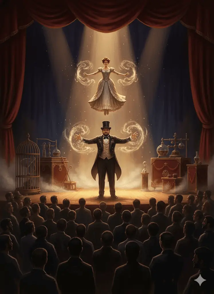 Enigmatic magician performing a surreal illusion on a smoky stage