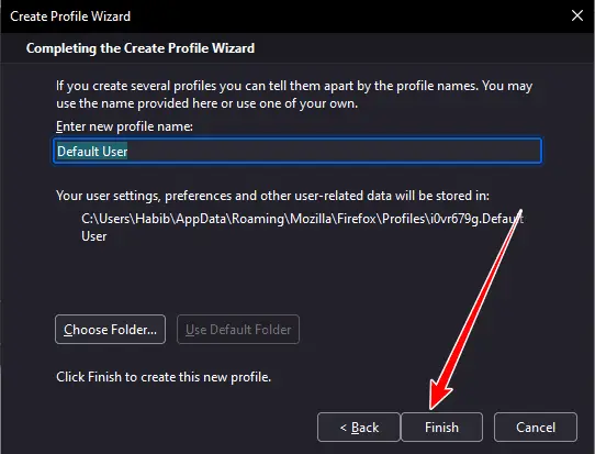 Enter a unique name for the new Firefox browser profile.