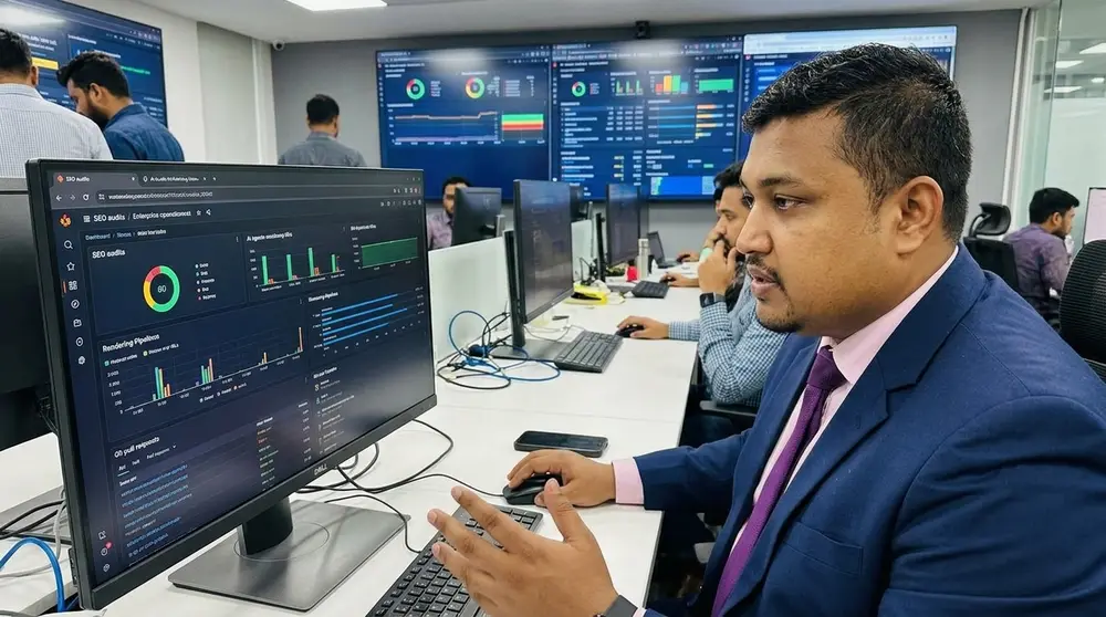 Enterprise AI agent technical SEO dashboard monitoring crawl budgets and automated pull requests.