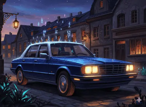 Epic fantasy style illustration of a ruined house and car