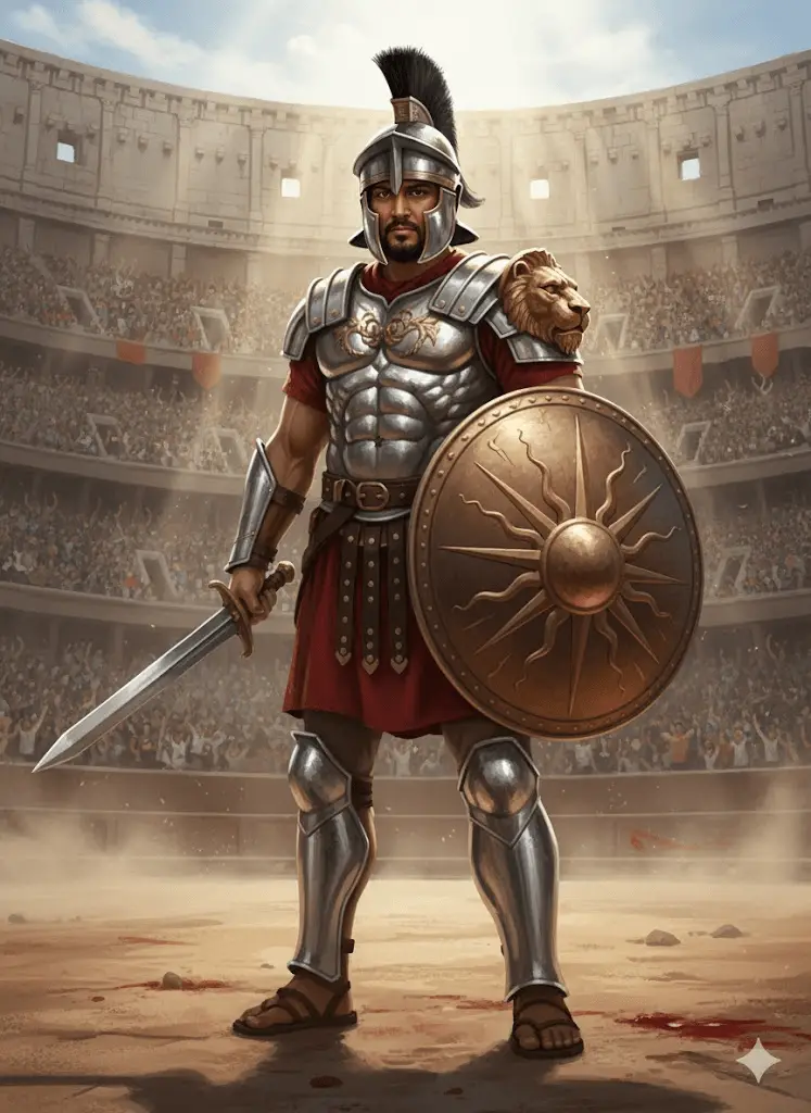Epic gladiator portrait standing in a dusty, sunlit ancient arena.