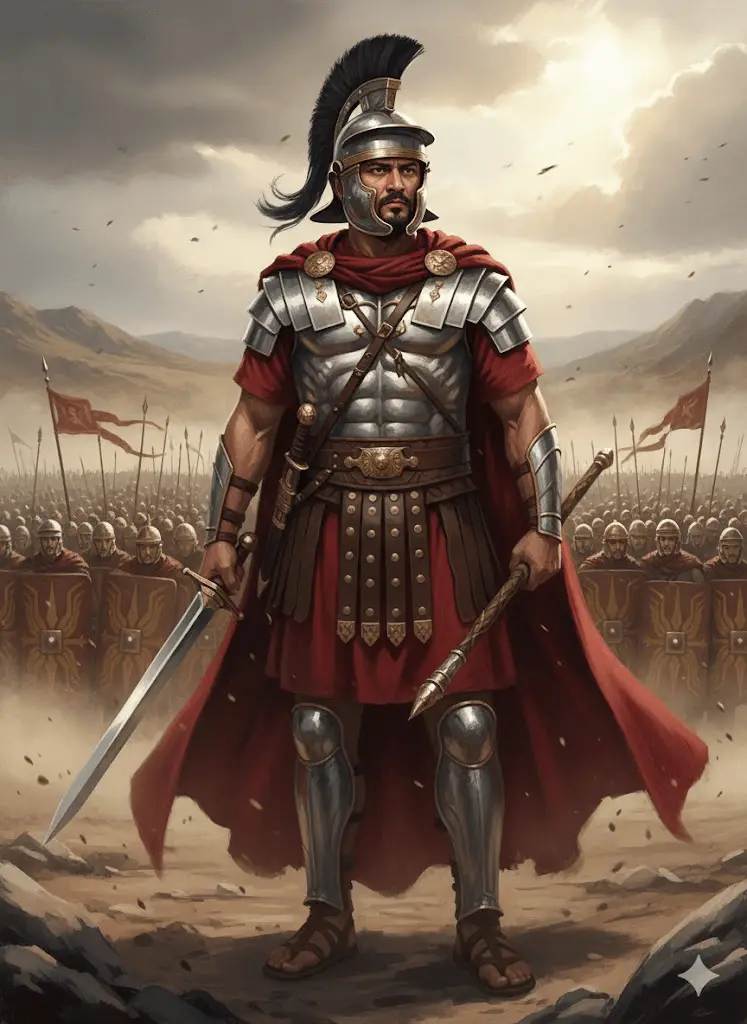 Epic historical warrior standing before ancient Roman colosseum ruins