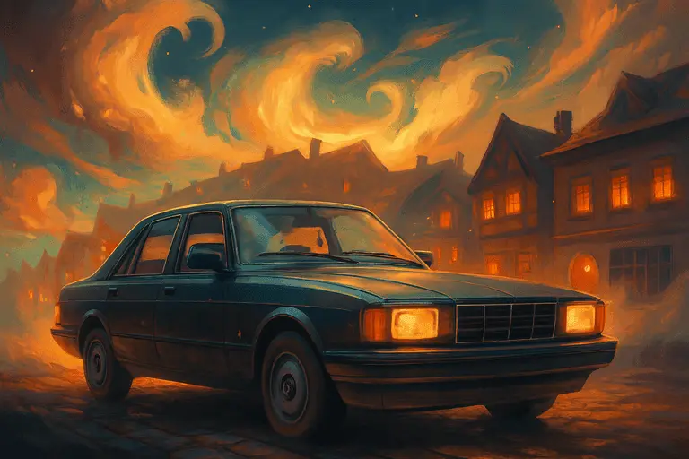 Epic painterly fantasy artwork of a destroyed house and car