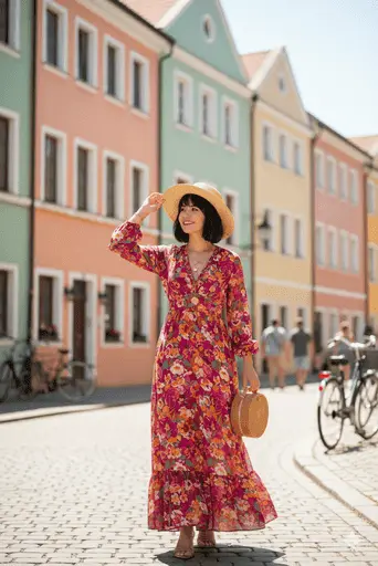 Fashionable person walking through a historic cobblestone old town street