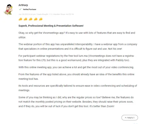 Feedback from a satisfied customer reviewing VivoMeetings online collaboration features