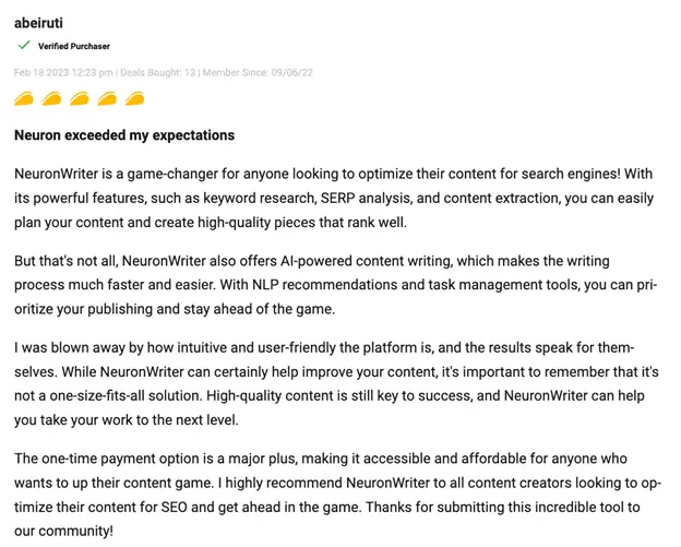 Feedback from a satisfied customer using NeuronWriter for blogging