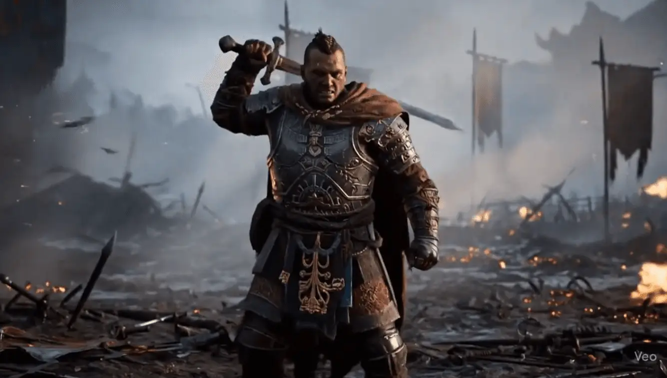 Fierce warrior standing amidst a smoky cinematic ancient battlefield