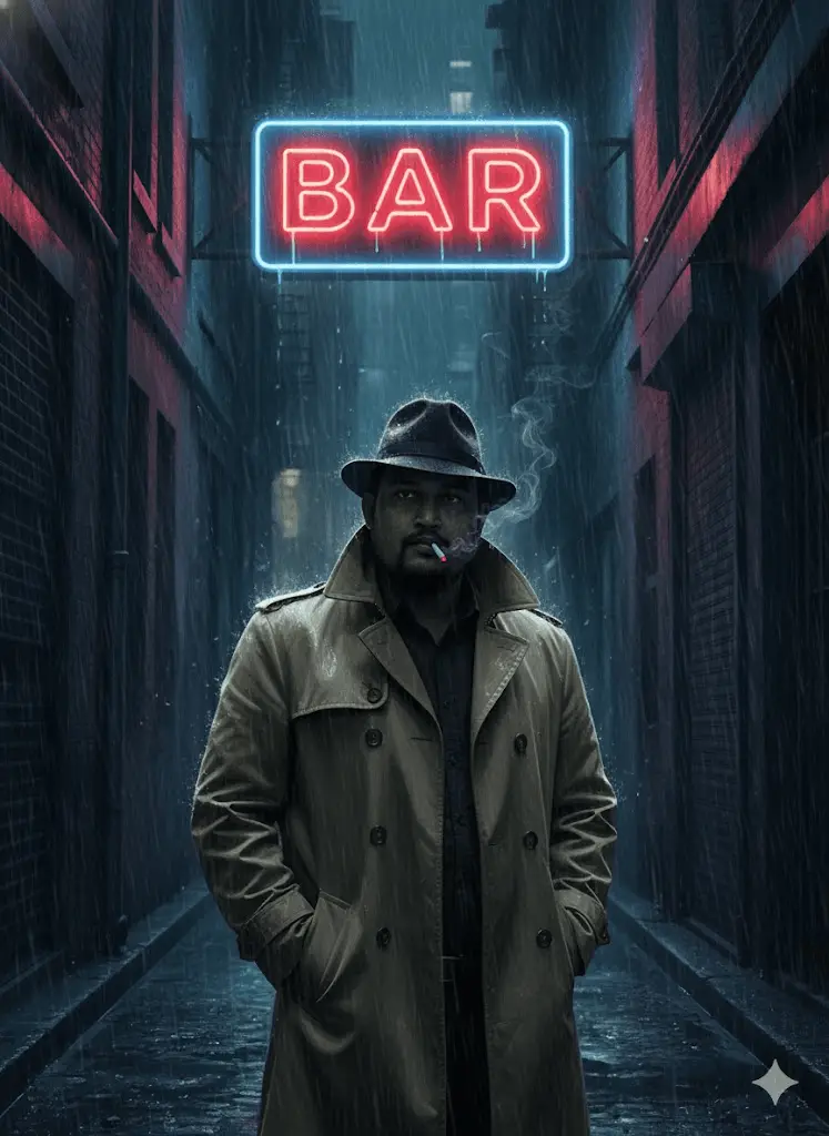 Film noir style portrait shrouded in shadows under a streetlamp.