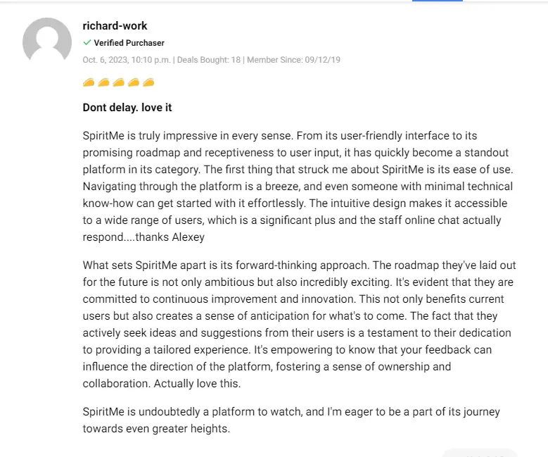 First customer review and testimonial for Spiritme lifetime deal