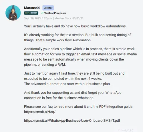 Five-star AppSumo review discussing the value of SMS-iT CRM.