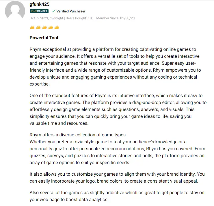 Five-star customer reviews highlighting the benefits of the Rhym lifetime deal.