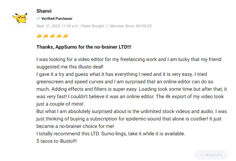 Five-star rating and testimonial for Illusto from an Appsumo user