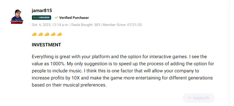Five-star rating and testimonial from a satisfied Rhym platform user.