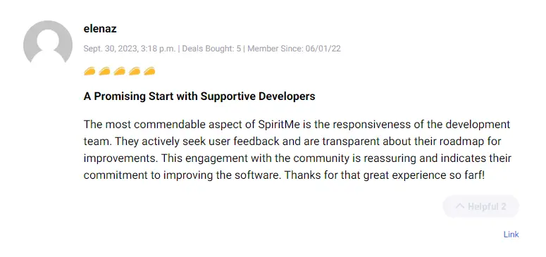 Fourth user review rating the Spiritme AppSumo lifetime deal