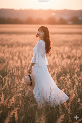 Free-spirited woman in bohemian attire during warm golden hour