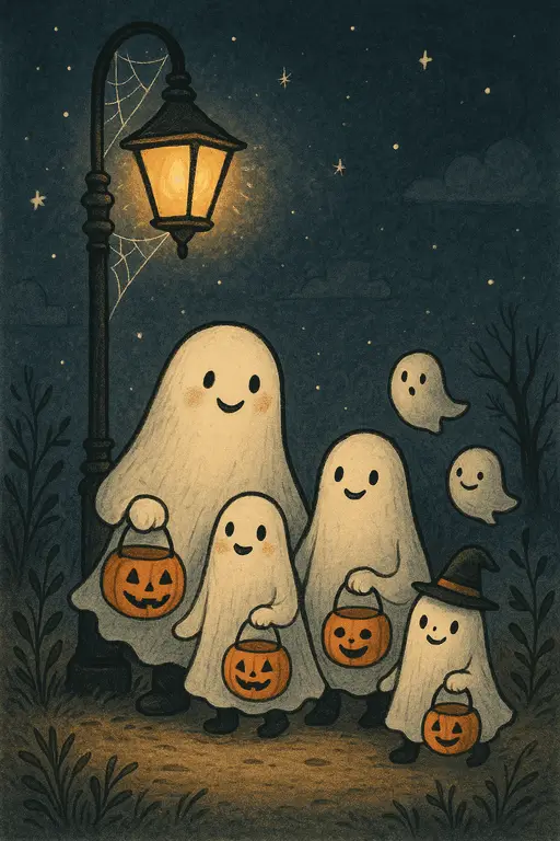Friendly cartoon ghosts guarding a bowl of colorful Halloween candy