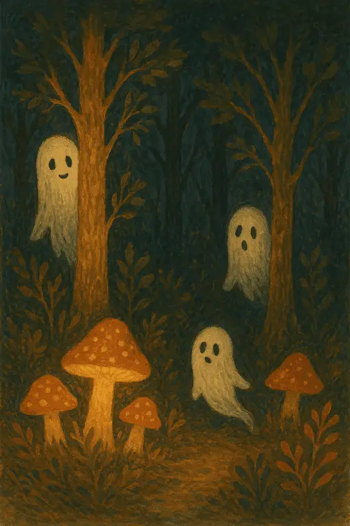 Friendly glowing ghosts floating through a dark, misty forest