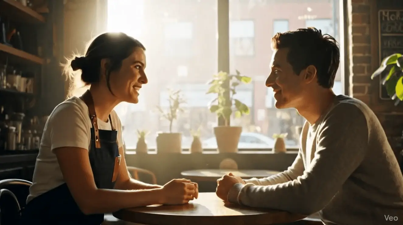 Friends laughing and talking while ordering food at a cafe