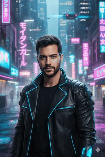 Futuristic cyberpunk portrait with vibrant neon lighting and high-tech vibes