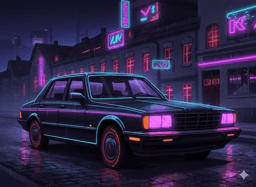 Futuristic neon cyberpunk illustration of a wrecked house and car