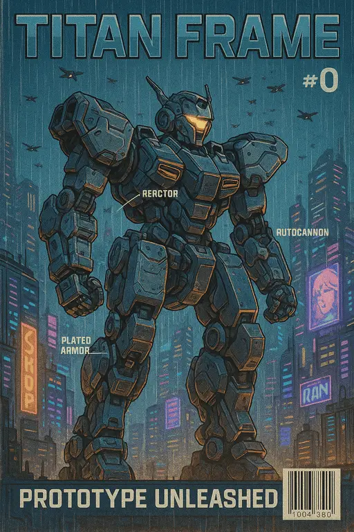 Giant futuristic robots towering over a vibrant, neon-lit city