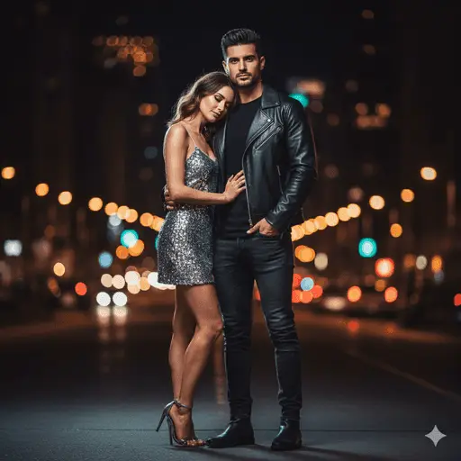 Glamorous couple posing under bright city lights at night