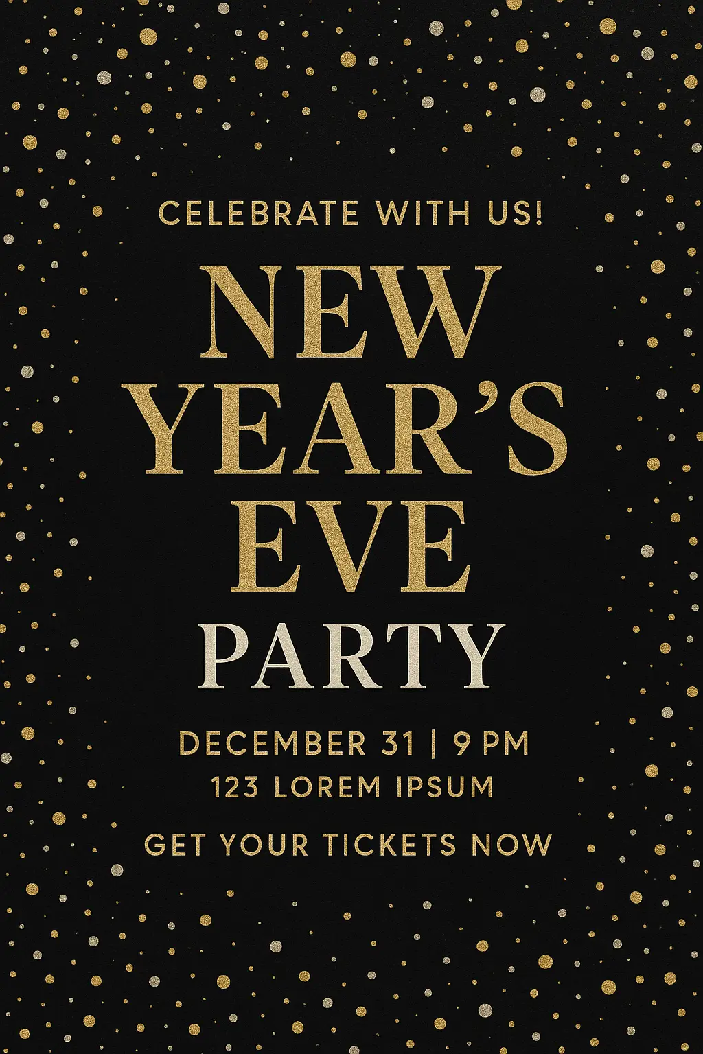 Glamorous New Year's Eve social media advertisement with gold accents