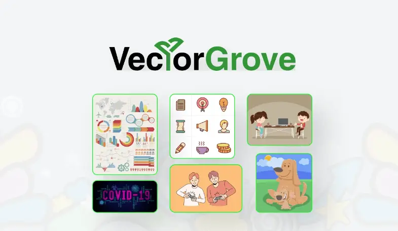Graphic explaining the VectorGrove platform and its design library.