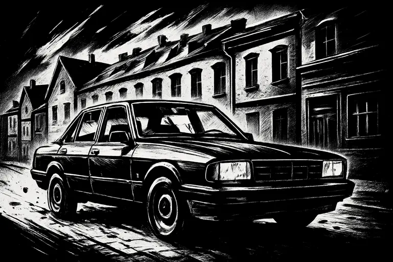 Graphic novel style drawing of a destroyed house and car