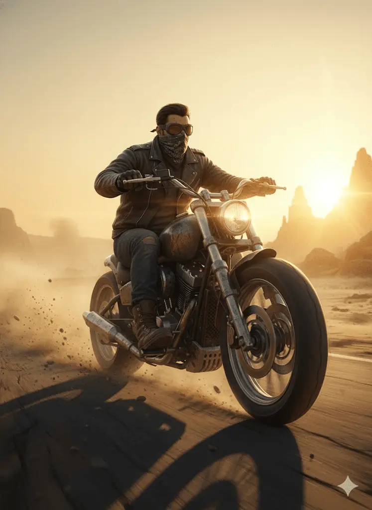 Gritty desert rebel standing against a dusty post-apocalyptic wasteland