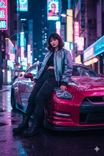 High-speed sports car racing through Tokyo's bright neon streets