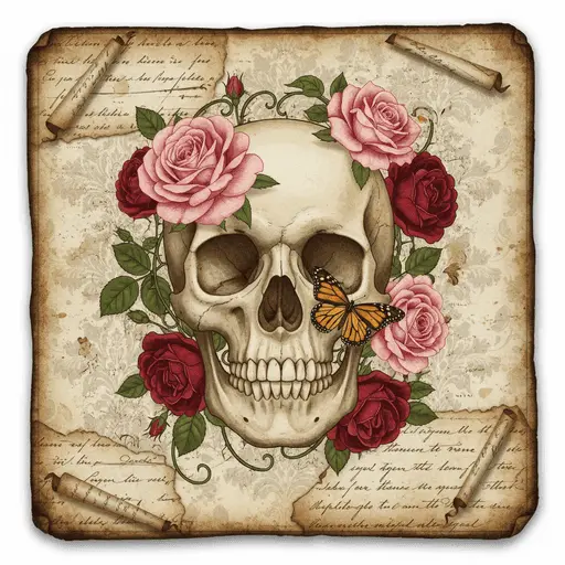 Human skull adorned with dark red and pink roses