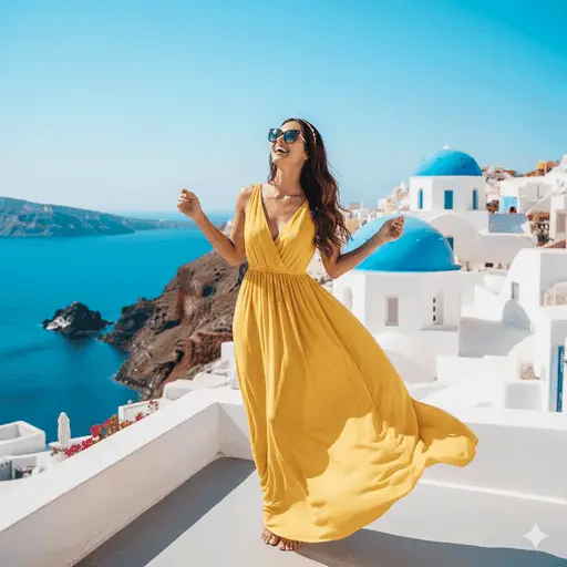 Iconic blue-domed churches overlooking the Mediterranean sea in Santorini