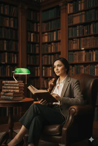 Intellectual woman reading a book in a cozy aesthetic library