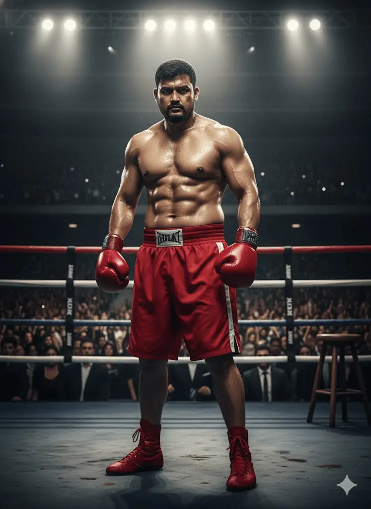 Intense boxing portrait with dramatic shadows and sweat-glistening skin.