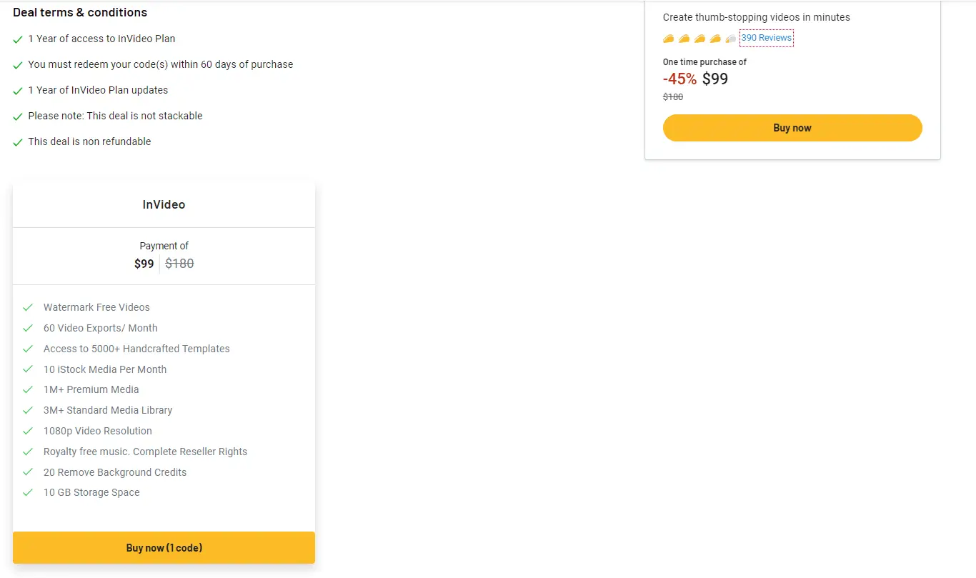 InVideo lifetime deal promotion banner on the AppSumo website