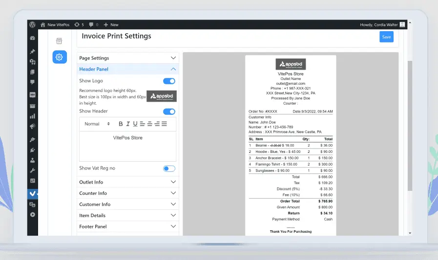 Invoice and receipt customization options in Vitepos