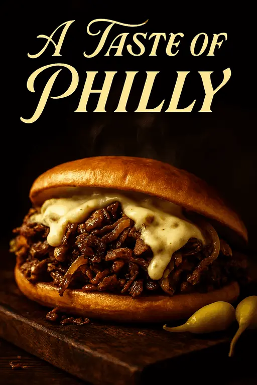 Loaded Philly cheesesteak sandwich overflowing with melted cheese and beef.