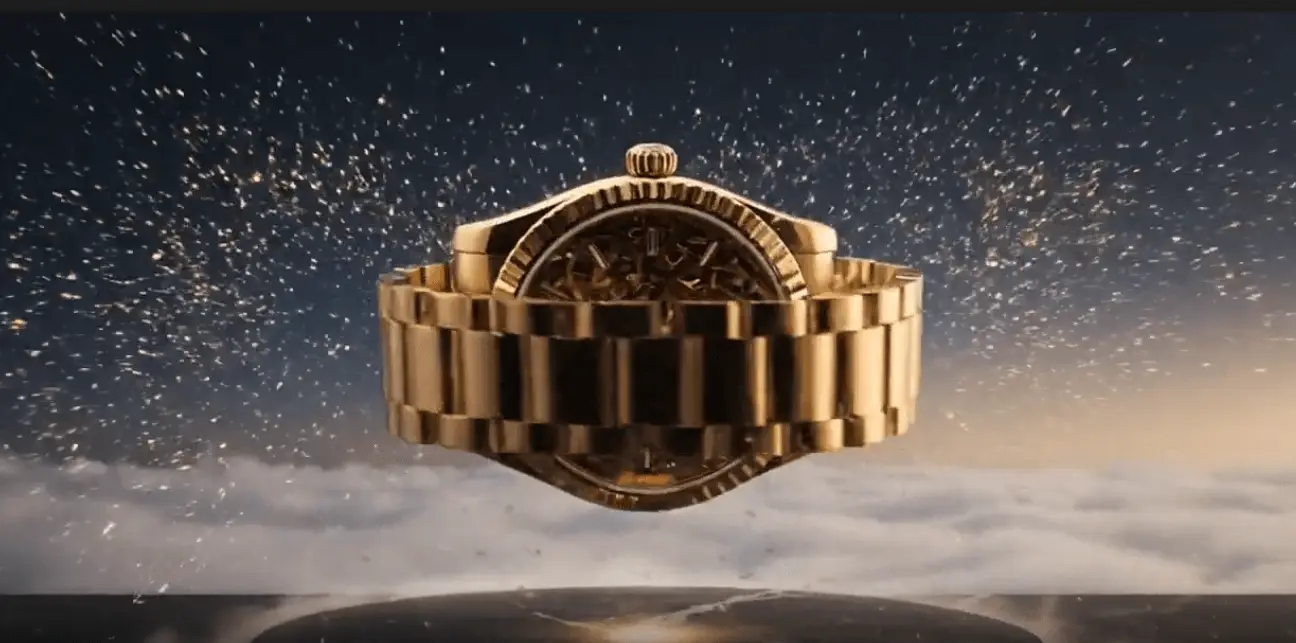 Luxury Rolex watch with a silver band on a dark background