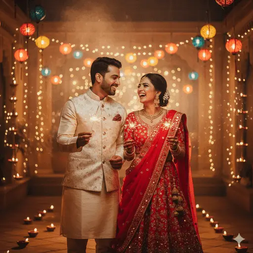 Man and woman celebrating Diwali with glowing handheld sparklers