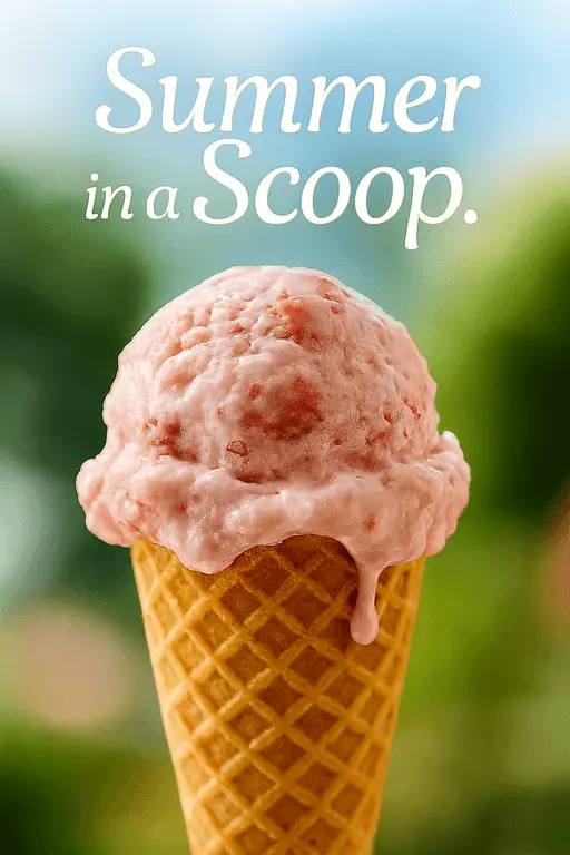 Melting scoop of strawberry ice cream in a waffle cone