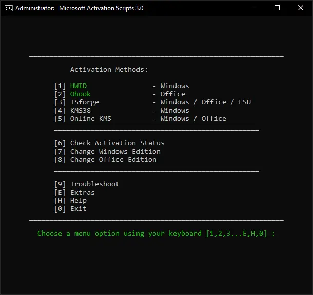 Microsoft Activation Scripts All-In-One main menu interface.