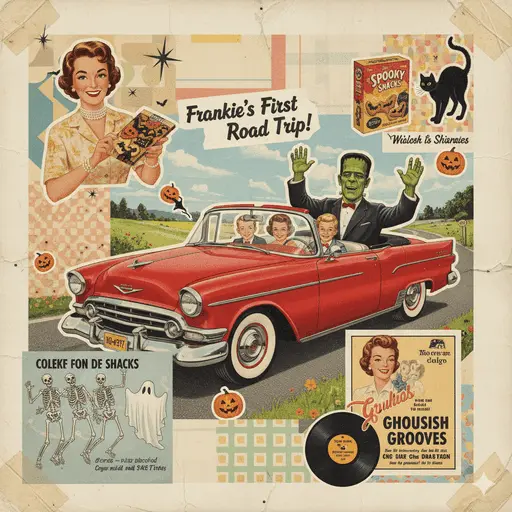 Mid-century style collage featuring haunted house and Halloween elements.