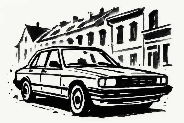 Minimalist black ink sketch of a ruined house and car