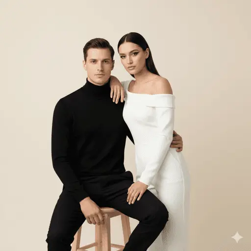 Minimalist portrait of a couple against a clean neutral background